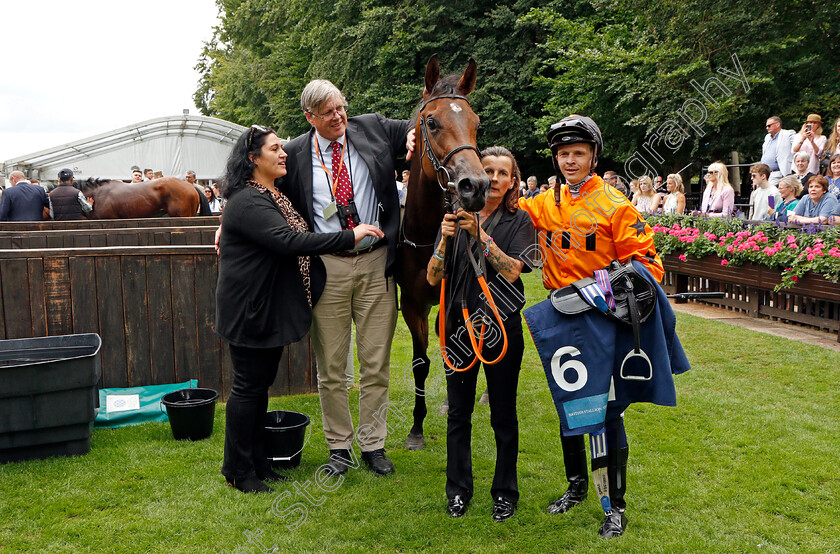 Dora-Penny-0006 
 DORA PENNY (David Probert) with Eddie Fremantle and partner after The European Bloodstock News British EBF Fillies Nursery
Newmarket 31 Jul 2021 - Pic Steven Cargill / Racingfotos.com