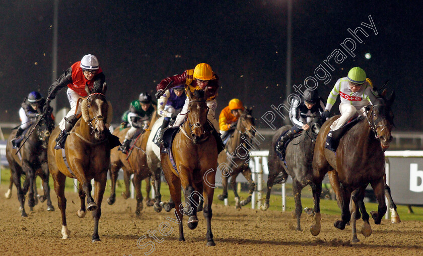 Mount-Wellington-0001 
 MOUNT WELLINGTON (right, Rob Hornby) beats KLOPP (centre) and AGUEROOO (left) in The Betway Handicap
Wolverhampton 13 Jan 2020 - Pic Steven Cargill / Racingfotos.com