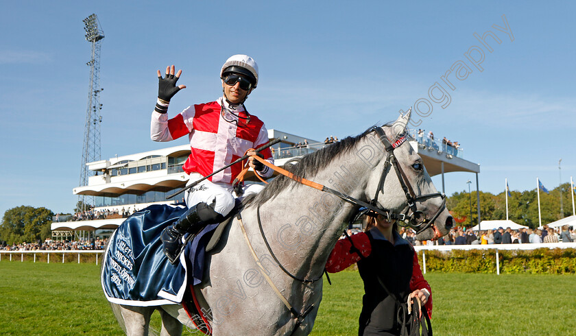 Duca-Di-Como-0001 
 DUCA DI COMO (Elione Chaves) after winning The Tattersalls Nickes Minneslopning for the fifth time.
Bro Park, Sweden 17 Sep 2023 - Pic Steven Cargill / Racingfotos.com