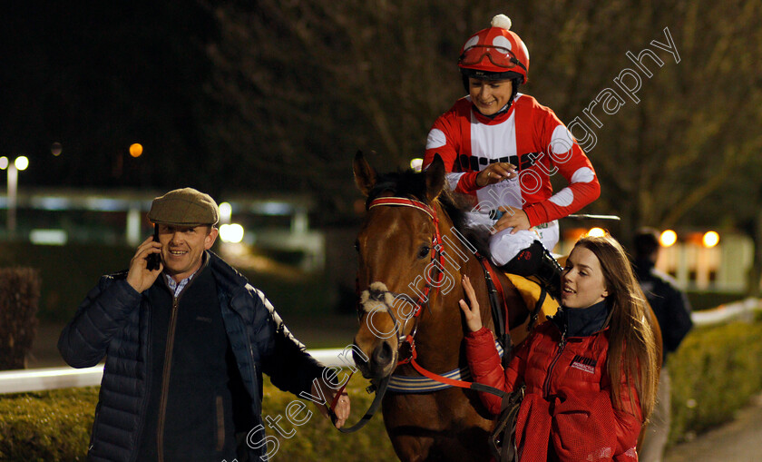 Spare-Parts-0006 
 SPARE PARTS (Nicola Currie) with Phil McEntee after The Matchbook Casino Handicap Kempton 21 Mar 2018 - Pic Steven Cargill / Racingfotos.com