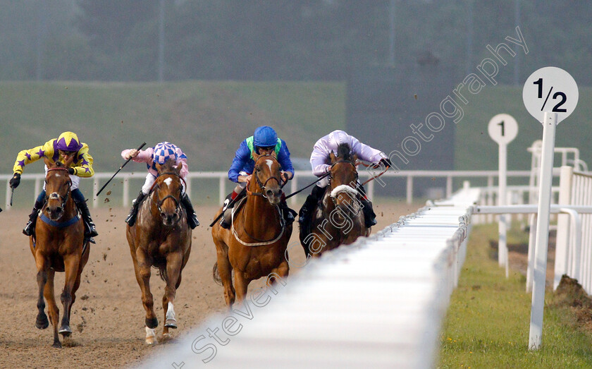 Qaffaal-0001 
 QAFFAAL (right, Harrison Shaw) beats POET'S SOCIETY (2nd right) and QEYAADAH (left) in The Double Delight Hat-Trick Heaven At totesport.com Handicap
Chelmsford 31 May 2018 - Pic Steven Cargill / Racingfotos.com