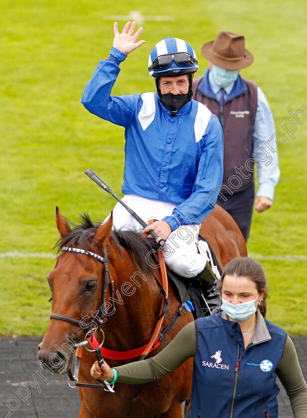 Modmin-0005 
 Jim Crowley after riding his 2000th winner in the UK aboard MODMIN in The Ladbrokes Supporting Children With Cancer UK Novice Stakes
Goodwood 30 Aug 2020 - Pic Steven Cargill / Racingfotos.com