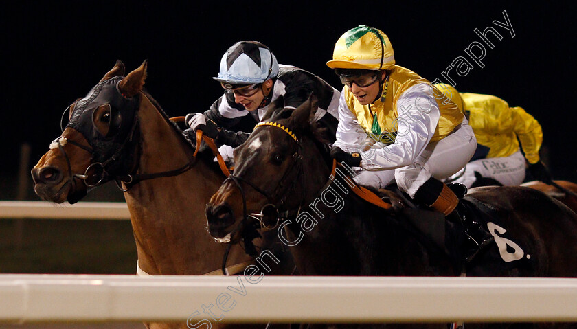 Call-Out-Loud-0003 
 CALL OUT LOUD (left, Alistair Rawlinson) beats HUMAN NATURE (right) in The Bet toteplacepot At betfred.com Apprentice Handicap Chelmsford 1 Dec 2017 - Pic Steven Cargill / Racingfotos.com