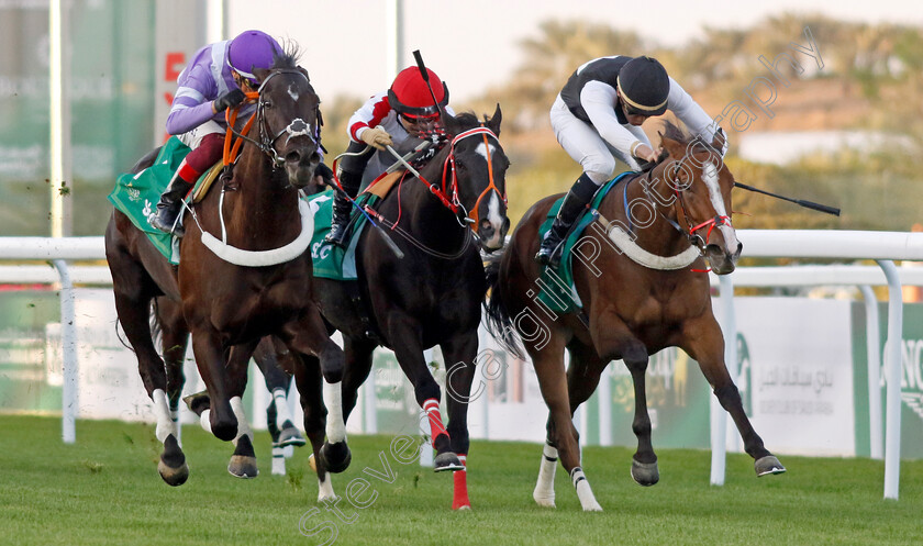 Hapipi-Go-Lucky-0002 
 HAPIPI GO LUCKY (right, Bauyrzhan Murzabayev) beats AASSER (left, Frankie Dettori) and GROOM (centre) in The International Jockeys Challenge R3
King Abdulziz Racecourse, Kingdom of Saudi Arabia, 24 Feb 2023 - Pic Steven Cargill / Racingfotos.com