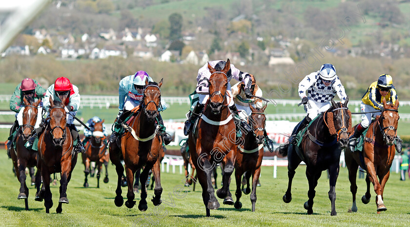 Champagne-Express-0002 
 CHAMPAGNE EXPRESS (centre, James Bowen) wins The Kingston Stud Supporting Greatwood Handicap Hurdle Cheltenham 18 Apr 2018 - Pic Steven Cargill / Racingfotos.com