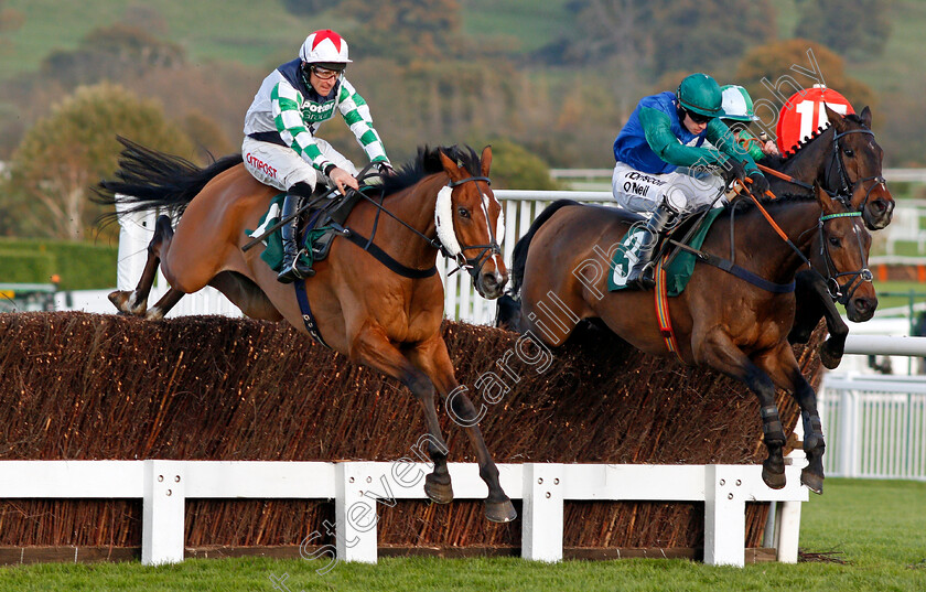 Two-Taffs-and-Midnight-Shot-0001 
 TWO TAFFS (left, Davy Russell) jumps with MIDNIGHT SHOT (right) and winner DOUBLE TREASURE (hidden, farside, Gavin Sheehan) in The Royal Gloucestershire Hussars Novices Chase Cheltenham 28 oct 2017 - Pic Steven Cargill / Racingfotos.com