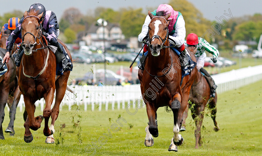 Crossed-Baton-0004 
 CROSSED BATON (right, Frankie Dettori) beats MY LORD AND MASTER (left) in The Investec Blue Riband Trial Stakes Epsom 25 Apr 2018 - Pic Steven Cargill / Racingfotos.com