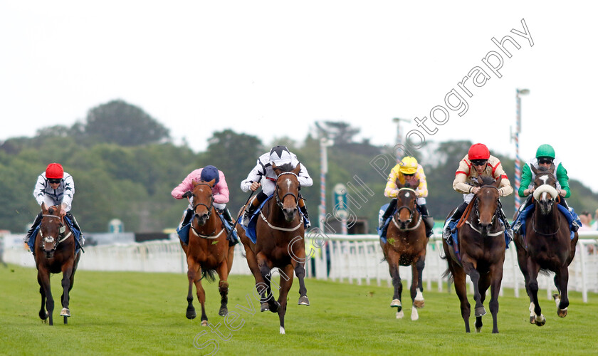 Mersea-0001 
 MERSEA (centre, Sam James) beats YOUR SPIRIT (2nd right) in The No.1 York By Guesthouse Hotels British EBF Fillies Novice Stakes
York 10 Jun 2022 - Pic Steven Cargill / Racingfotos.com