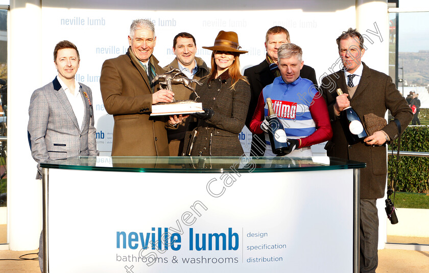 The-Worlds-End-0008 
 Presentation to Max McNeill, Tom George and Noel Fehily for The Neville Lumb Novices Chase won by THE WORLDS END
Cheltenham 14 Dec 2018 - Pic Steven Cargill / Racingfotos.com