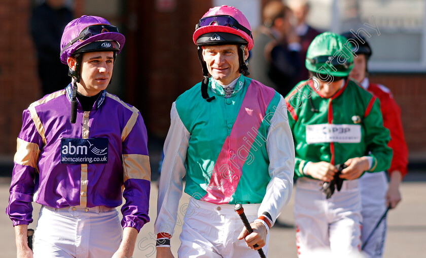 Robert-Havlin-0001 
 ROBERT HAVLIN (with Charles Bishop, left) before riding PURSER to victory in The Injured Jockeys Fund EBF Novice Stakes Lingfield 5 Oct 2017 - Pic Steven Cargill / Racingfotos.com