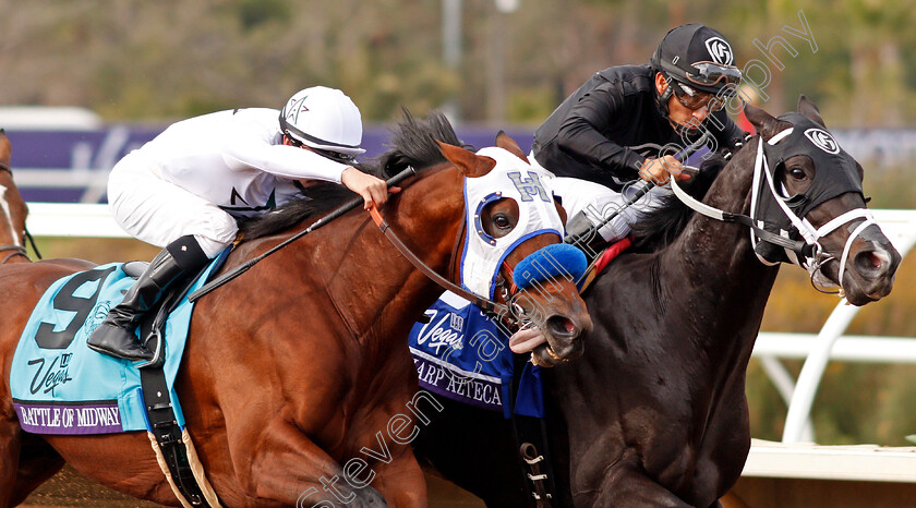 Battle-Of-Midway-0003 
 BATTLE OF MIDWAY (left, Flavian Prat) beats SHARP AZTECA (right) in The Breeders' Cup Dirt Mile, Del Mar USA 3 Nov 2017 - Pic Steven Cargill / Racingfotos.com