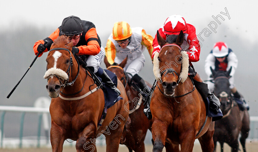 Complicit-0003 
 COMPLICIT (right, Donagh O'Connor) beats BRIDGE OF SIGHS (left) in The Play Slots At sunbets.co.uk/vegas Handicap Div2 Lingfield 12 Jan 2018 - Pic Steven Cargill / Racingfotos.com