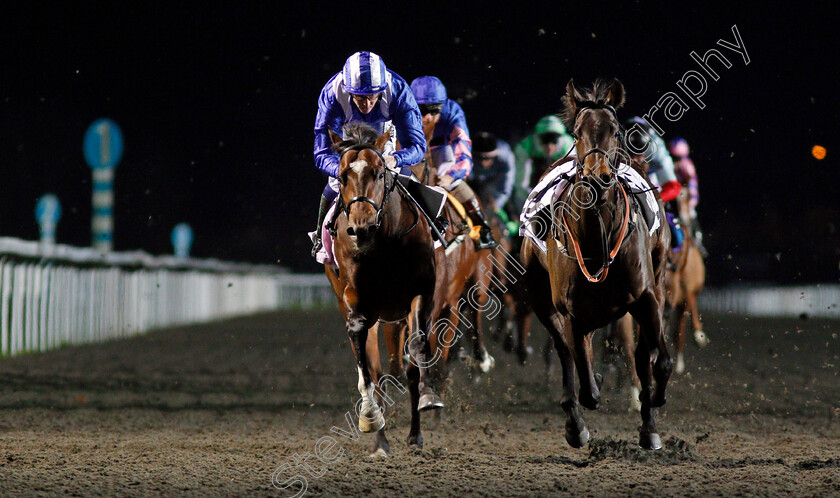 Tanseeq-0002 
 TANSEEQ (left, Jim Crowley) alongside riderless INDISCRETION, wins The 100% Profit Boost At 32Redsport.com Novice Median Auction Stakes Kempton 22 Nov 2017 - Pic Steven Cargill / Racingfotos.com