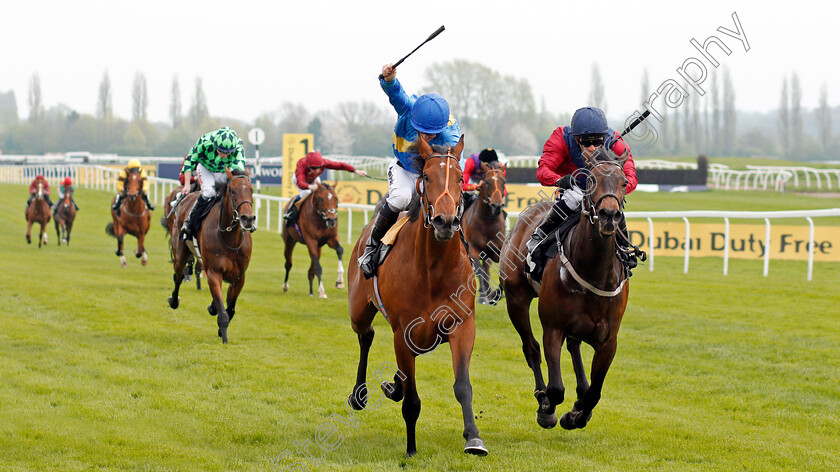 Adjutant-0002 
 ADJUTANT (centre, Jim Crowley) beats WHY WE DREAM (right) in The Dubai Duty Free Tennis Championships Maiden Stakes Div1 Newbury 21 Apr 2018 - Pic Steven Cargill / Racingfotos.com