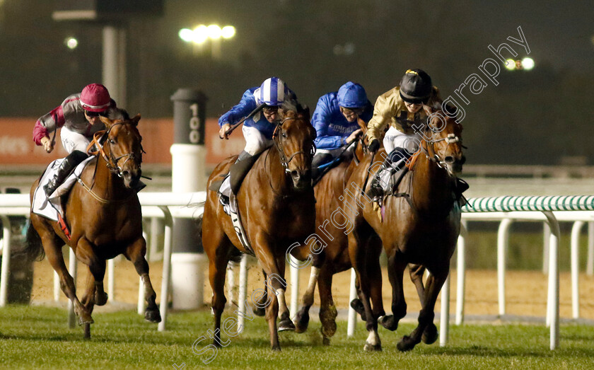 Moqtarreb-0006 
 MOQTARREB (centre, Dane O'Neill) beats OUZO (right) in The Valley Handicap
Meydan, Dubai 3 Feb 2023 - Pic Steven Cargill / Racingfotos.com