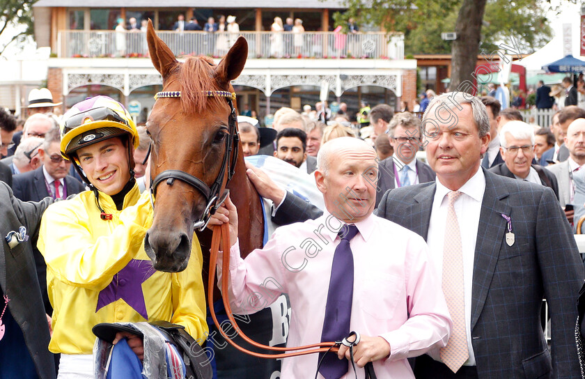 Sea-Of-Class-0017 
 SEA OF CLASS (James Doyle) with William Haggas after The Darley Yorkshire Oaks
York 23 Aug 2018 - Pic Steven Cargill / Racingfotos.com