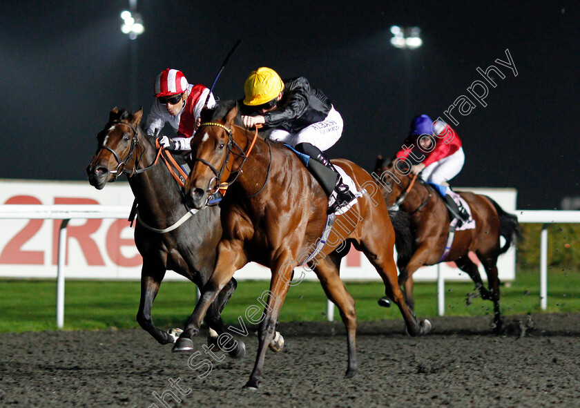 Fille-De-Reve-0004 
 FILLE DE REVE (right, Pat Cosgrave) beats LIGHT RELIEF (left) in The 32Red On The App Store Fillies Novice Stakes Div1 Kempton 18 Oct 2017 - Pic Steven Cargill / Racingfotos.com