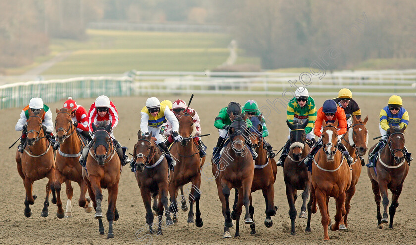 Eljaddaaf-0001 
 ELJADDAAF (3rd left, Robert Winston) beats MICKEY (centre) and OUTER SPACE (4th left) in The Play Starburst Slot At sunbets.co.uk/vegas Handicap Lingfield 23 Feb 2018 - Pic Steven Cargill / Racingfotos.com