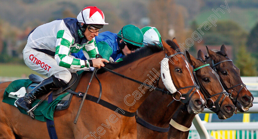 Double-Treasure-0003 
 DOUBLE TREASURE (farside, Gavin Sheehan) beats MIDNIGHT SHOT (centre) and TWO TAFFS (left) in The Royal Gloucestershire Hussars Novices Chase Cheltenham 28 oct 2017 - Pic Steven Cargill / Racingfotos.com