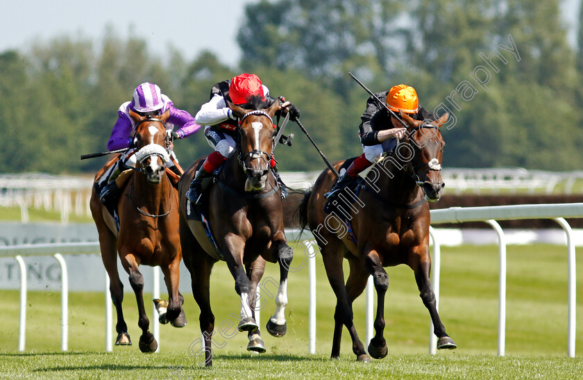 Golden-Bugle-0002 
 GOLDEN BUGLE (centre, Frankie Dettori) beats QUENELLE D'OR (right) in The bet365 Fillies Handicap
Newbury 16 Jul 2021 - Pic Steven Cargill / Racingfotos.com