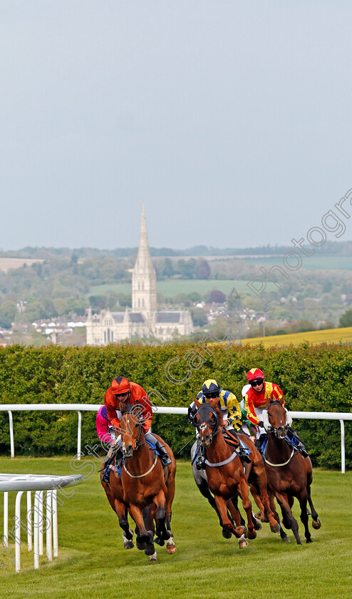 Garcon-De-Soleil-0004 
 GARCON DE SOLEIL (left, Rob Hornby) leads the field into the straight on his way to winning The Sharp's Doom Bar Handicap Div1 Salisbury 30 Apr 2018 - Pic Steven Cargill / Racingfotos.com