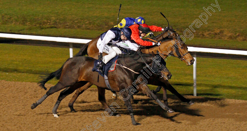 Kodiline-0001 
 KODILINE (nearside, Richard Kingscote) beats BILLYFAIRPLAY (centre) and ANGEL PALANAS (farside) in The Bombardier British Hopped Amber Beer Claiming Stakes
Wolverhampton 13 Jan 2020 - Pic Steven Cargill / Racingfotos.com