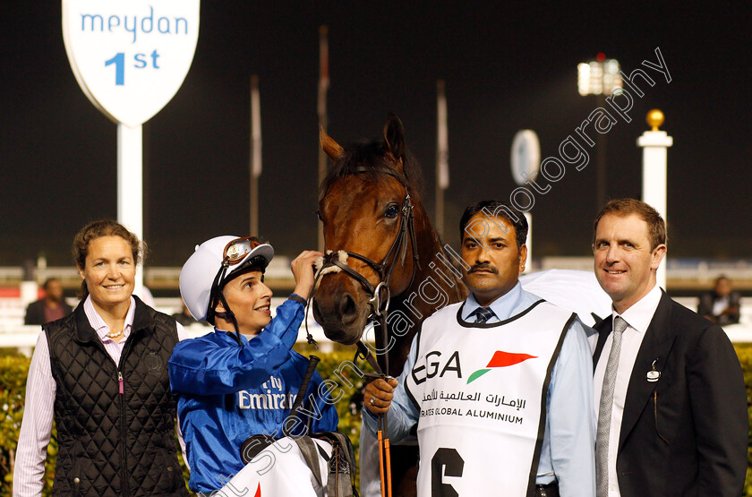 Gold-Town-0015 
 GOLD TOWN (William Buick) with Charlie Appleby after The UAE 2000 Guineas Trial Div1 Meydan 25 Jan 2018 - Pic Steven Cargill / Racingfotos.com