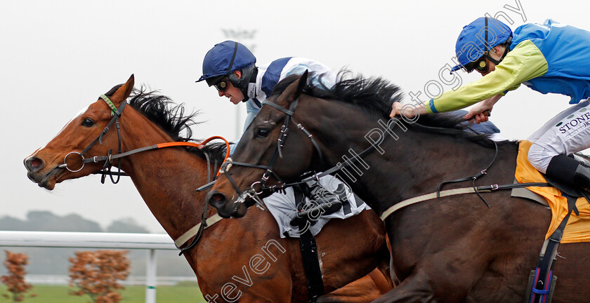 Settle-Petal-0003 
 SETTLE PETAL (left, Paddy Bradley) beats BARRSBROOK (right) in The 32Red On The App Store Handicap Kempton 11 Apr 2018 - Pic Steven Cargill / Racingfotos.com