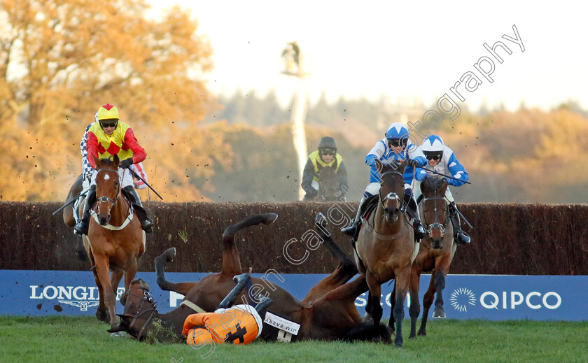 Boothill-0011 
 BOOTHILL (right, Jonathan Burke) wins The Jim Barry Wines Hurst Park Handicap Chase as SAINT SEGAL (David Noonan) falls at the last - all ok.
Ascot 25 Nov 2023 - Pic Steven Cargill / Racingfotos.com