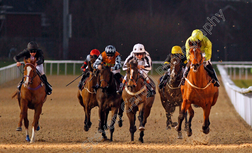 Snaffled-0003 
 SNAFFLED (right, Sean Levey) beats TAKEONEFORTHETEAM (centre) in The 32Red Casino Handicap Wolverhampton 15 Jan 2018 - Pic Steven Cargill / Racingfotos.com