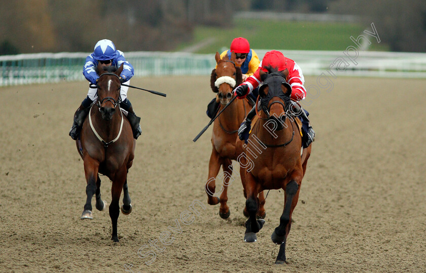 Nomorecalls-0003 
 NOMORECALLS (right, Joe Fanning) beats REIFFA (left) in The Betway Novice Stakes Lingfield 2 Feb 2018 - Pic Steven Cargill / Racingfotos.com