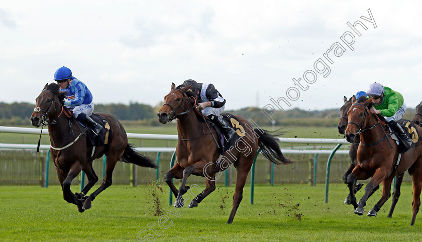 Indy-Moon-0001 
 INDY MOON (centre, Kieran Shoemark) beats ABALONE PEARL (left) in The Discover Newmarket Fillies Restricted Novice Stakes
Newmarket 20 Oct 2021 - Pic Steven Cargill / Racingfotos.com