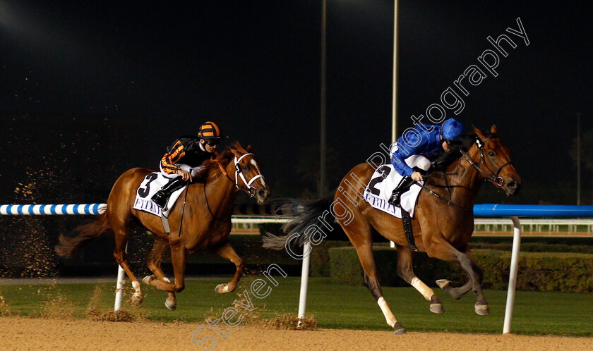 Winter-Lightning-0004 
 WINTER LIGHTNING (Pat Cosgrave) beats RAYYA (left) in The UAE 1000 Guineas Meydan 8 Feb 2018 - Pic Steven Cargill / Racingfotos.com