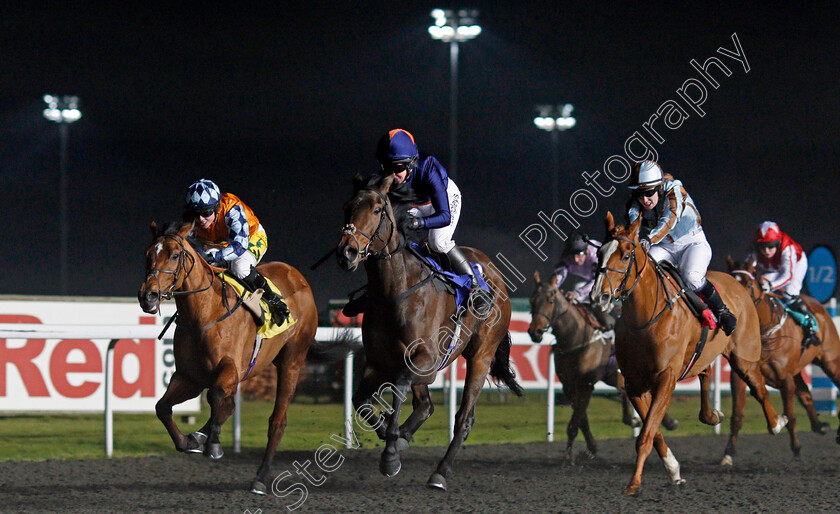 Time-To-Blossom-0002 
 TIME TO BLOSSOM (centre, Serena Brotherton) beats EVERY CHANCE (left) in The 100% Profit Boost At 32Redsport.com Amateur Riders Handicap Kempton 10 Jan 2018 - Pic Steven Cargill / Racingfotos.com