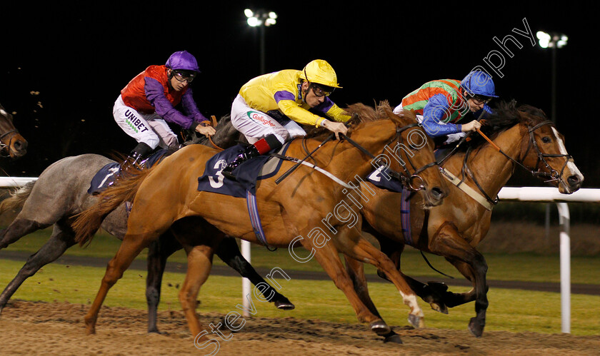 Reasoned-0005 
 REASONED (centre, Shane Kelly) beats PENARTH PIER (right) in The Bombardier March To Your Own Drum Handicap
Wolverhampton 19 Dec 2019 - Pic Steven Cargill / Racingfotos.com