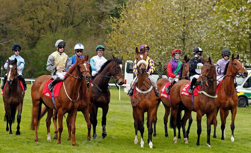 Salisbury-0001 
 Runners line up for The Betfred City Bowl Handicap won by MOABIT (right, Megan Nicholls) Salisbury 29 Apr 2018 - Pic Steven Cargill / Racingfotos.com