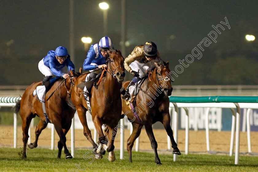 Moqtarreb-0004 
 MOQTARREB (centre, Dane O'Neill) beats OUZO (right) in The Valley Handicap
Meydan, Dubai 3 Feb 2023 - Pic Steven Cargill / Racingfotos.com