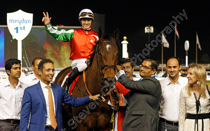 North-America-0013 
 NORTH AMERICA (Richard Mullen) with trainer Satish Seemar after The Al Maktoum Challenge (Round 3) Meydan Dubai 10 Mar 2018 - Pic Steven Cargill / Racingfotos.com