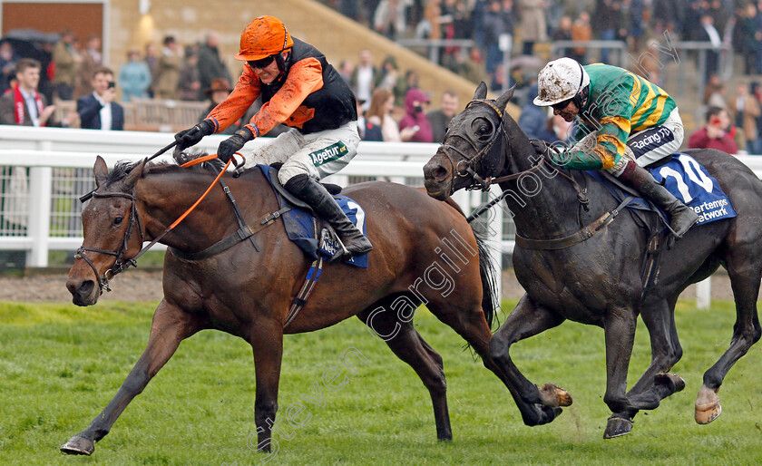 Tobefair-0001 
 TOBEFAIR (Tom Bellamy) bewats SUNSET SHOWDOWN (right) in The Pertemps Network Handicap Hurdle
Cheltenham 26 Oct 2019 - Pic Steven Cargill / Racingfotos.com