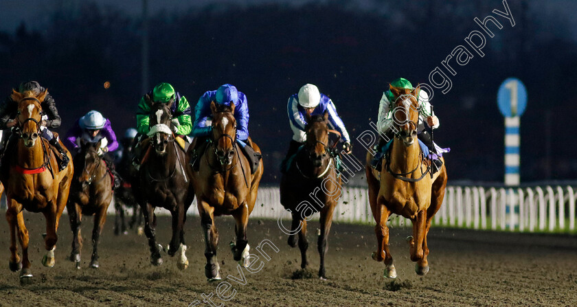 Sand-Gazelle-0004 
 SAND GAZELLE (right, Kieran Shoemark) beats DANCING COLOURS (centre) in The Unibet EBF Fillies Novice Stakes
Kempton 4 Dec 2024 - pic Steven Cargill / Racingfotos.com