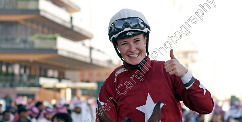 Joanna-Mason-0001 
 Joanna Mason after winning The International Jockey Challenge R2 on Medbaas
King Abdulziz Racecourse, Kingdom of Saudi Arabia, 24 Feb 2023 - Pic Steven Cargill / Racingfotos.com