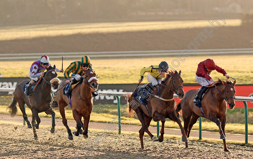 Pattie-0001 
 PATTIE (2nd right, Charles Bishop) beats SOUL SILVER (right) MAKE MUSIC (2nd left) and YEAH BABY YEAH (left) in The 32Red/EBF Fillies Handicap Lingfield 10 Jan 2018 - Pic Steven Cargill / Racingfotos.com