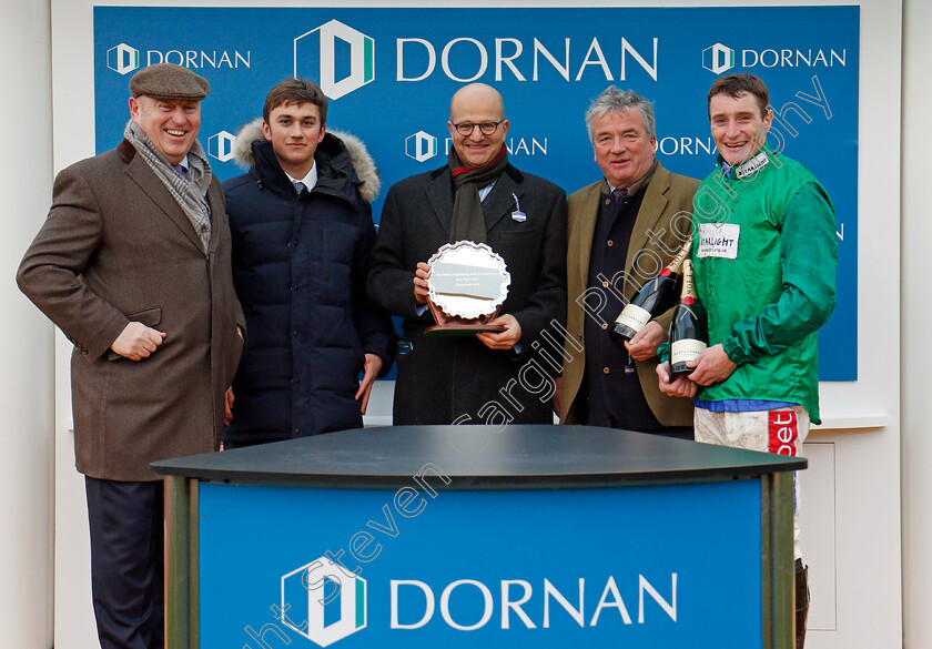 Wholestone-0012 
 Presentation to Daryl Jacob, Simon Munir and Nigel Twiston-Davies for The Dornan Engineering Relkeel Hurdle won by WHOLESTONE Cheltenham 1 Jan 2018 - Pic Steven Cargill / Racingfotos.com