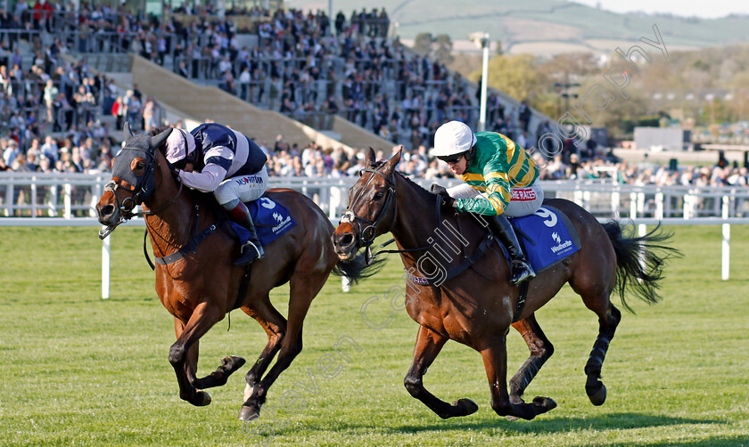 Another-Hero-0004 
 ANOTHER HERO (right, Barry Geraghty) beats SINGLEFARMPAYMENT (left) in The Weatherite Handicap Chase Cheltenham 18 Apr 2018 - Pic Steven Cargill / Racingfotos.com