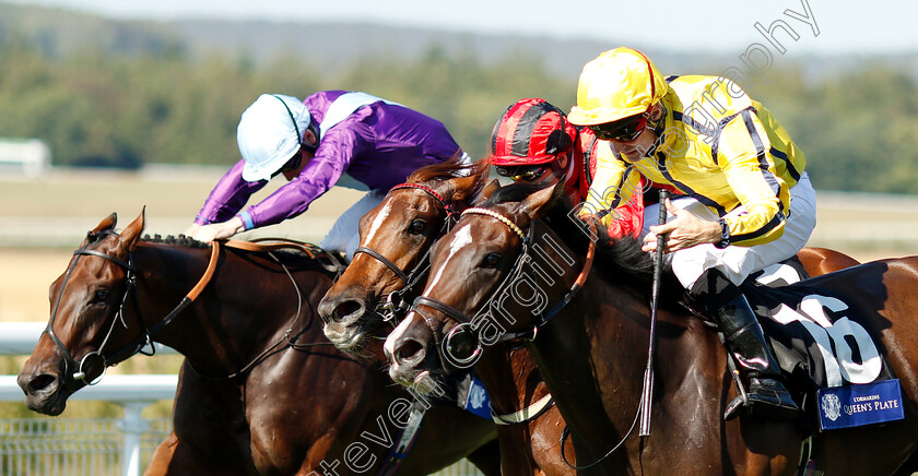 Pretty-Baby-0005 
 PRETTY BABY (right, Dane O'Neill) beats DANCING STAR (left) and INDIAN BLESSING (centre) in The L'Ormarins Queens Plate Oak Tree Stakes
Goodwood 3 Aug 2018 - Pic Steven Cargill / Racingfotos.com