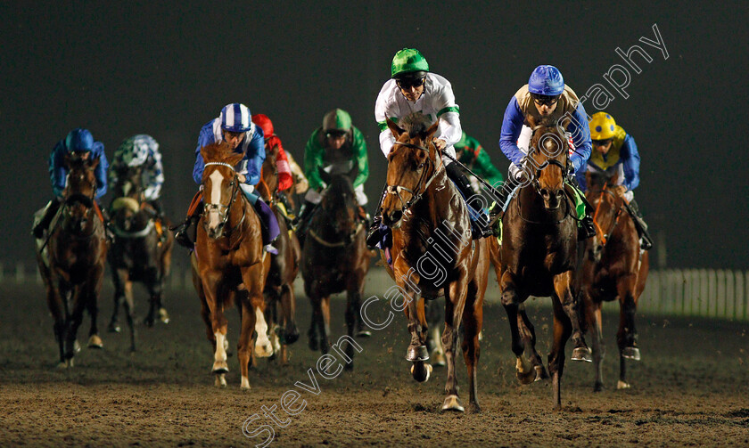 Archie-Mckellar-0004 
 ARCHIE MCKELLAR (Pat Dobbs) beats RECOLLECT (right) and HAADER (left) in The 32Red.com Novice Stakes Kempton 18 Oct 2017 - Pic Steven Cargill / Racingfotos.com