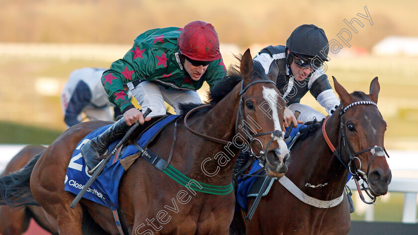 Mister-Whitaker-0004 
 MISTER WHITAKER (left, Brian Hughes) beats RATHER BE (right) in The Close Brothers Novices Handicap Chase Cheltenham 13 Mar 2018 - Pic Steven Cargill / Racingfotos.com