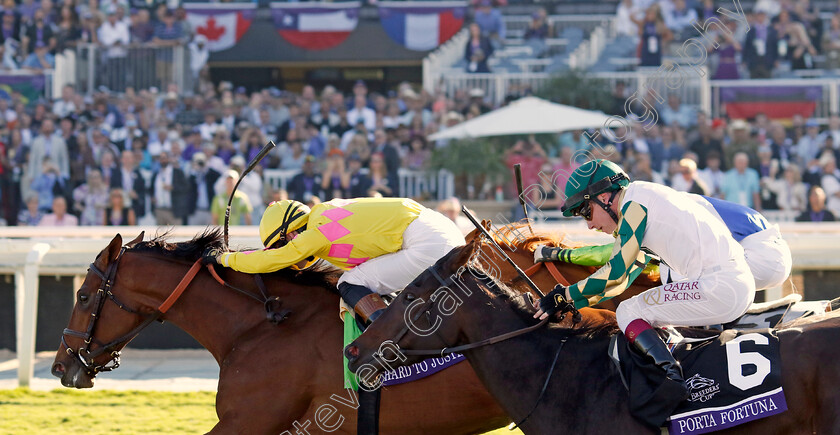 Hard-To-Justify-0001 
 HARD TO JUSTIFY (Flavien Prat) beats PORTA FORTUNA (right) in The Breeders' Cup Juvenile Fillies Turf
Santa Anita 3 Nov 2023 - Pic Steven Cargill / Racingfotos.com