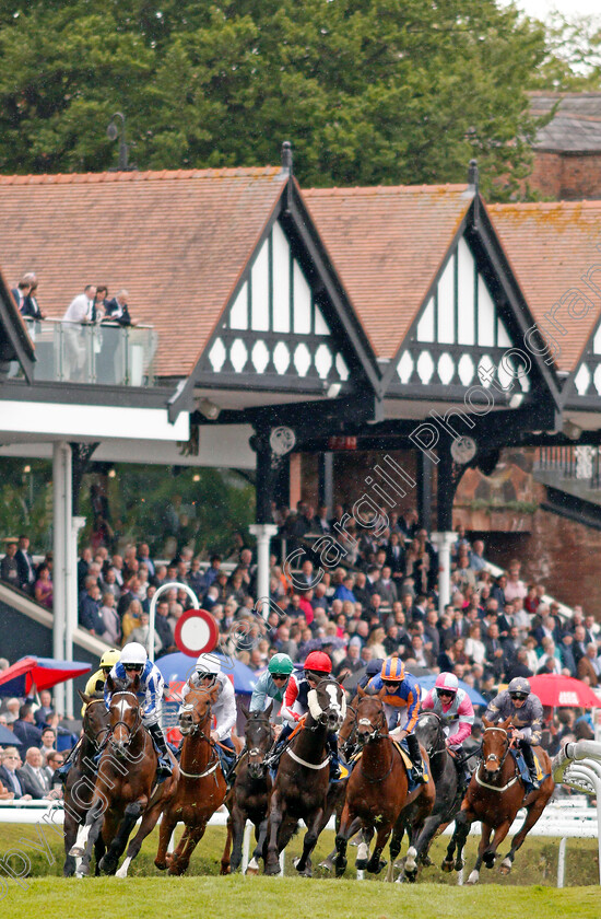 Chief-Ironside-0002 
 CHIEF IRONSIDE (left, Kieran Shoemark) leading with a circuit to run on his way to winning The Deepbridge Capital Maiden Stakes Chester 9 May 2018 - Pic Steven Cargill / Racingfotos.com