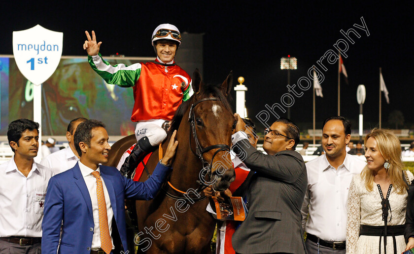 North-America-0014 
 NORTH AMERICA (Richard Mullen) with trainer Satish Seemar after The Al Maktoum Challenge (Round 3) Meydan Dubai 10 Mar 2018 - Pic Steven Cargill / Racingfotos.com